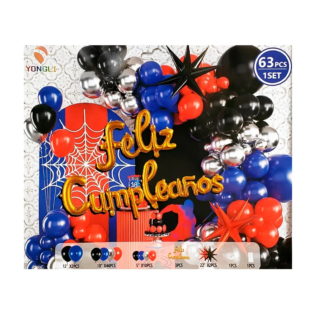 Set decorativo feliz cumpleaños, 63pz, globos azules, rojos, negros y plateado
