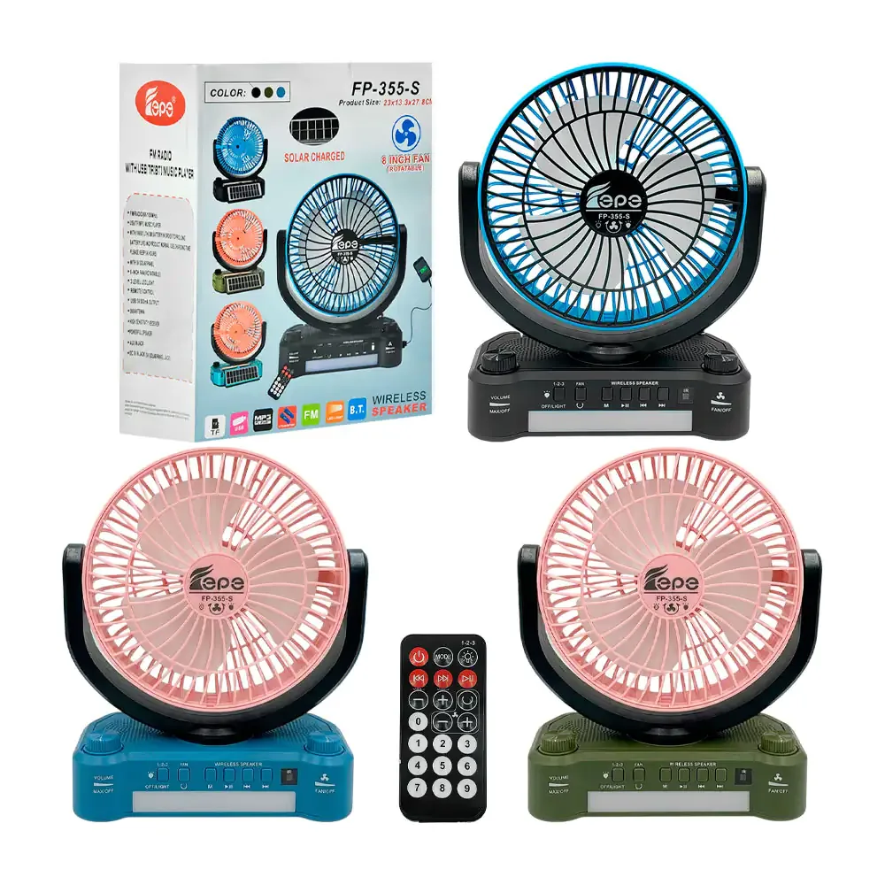 Ventilador recargable con radio fm, rotativo, colgante con panel solar y luz
