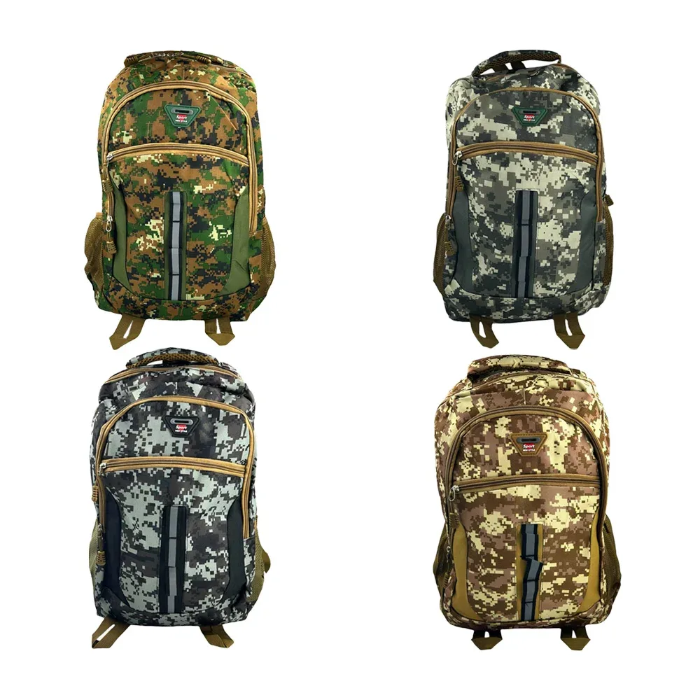 Mochila grande de 3 compartimentos con diseño camuflajeado + tira reflejante y placa de silicon sport new style, variedad de colores / 165-9