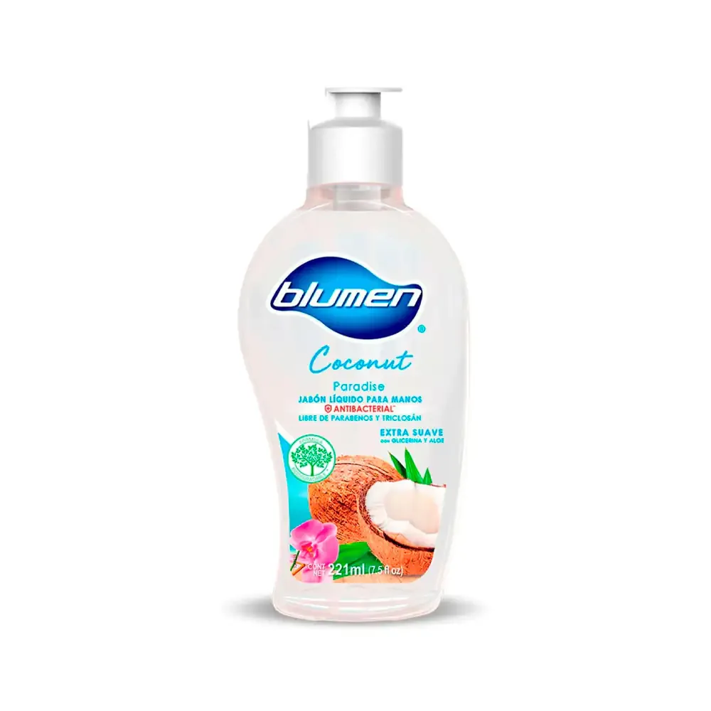 Bote de jabón líquido blumen para manos con aroma a coco de 221ml, antibacterial