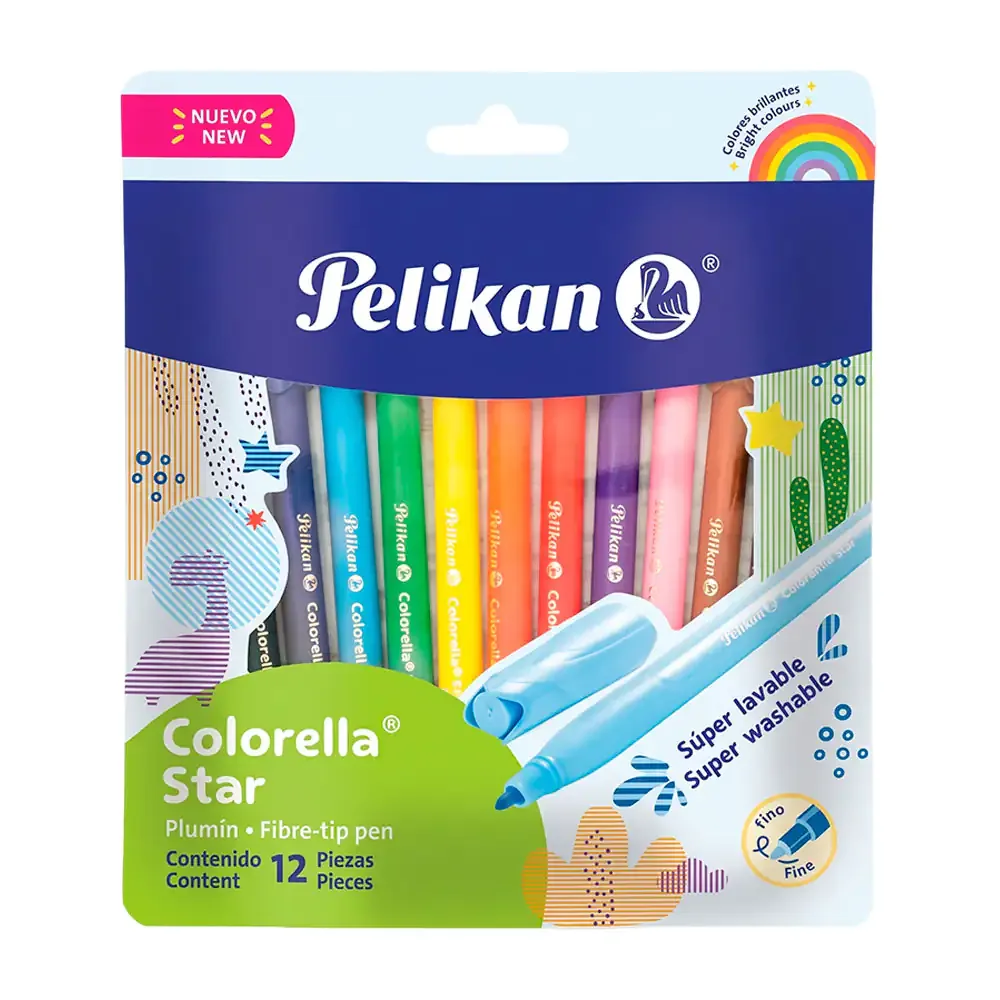 Paquete con 12 marcadores - plumones Pelikan de punta fina, variedad de colores