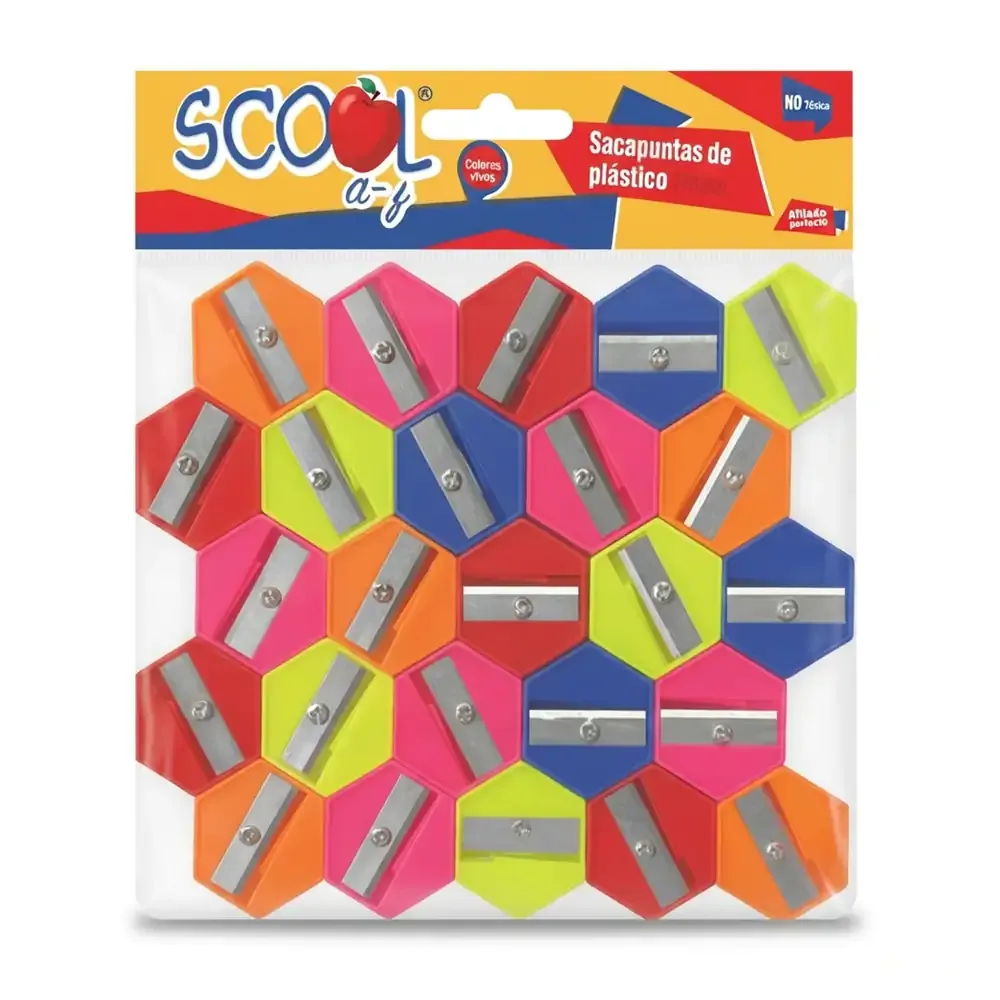 Paquete scool a-z de 25 sacapuntas de plástico hexagonales, variedad de colores