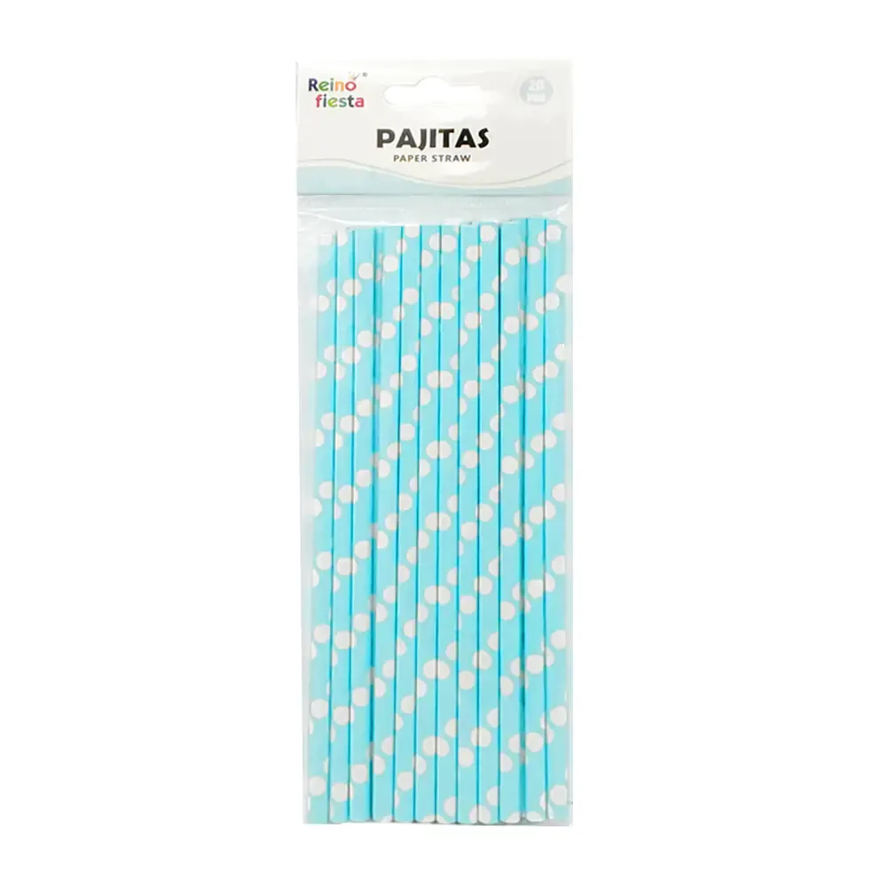 Paquete con 20 popotes de papel reino fiesta en color azul con lunares blancos