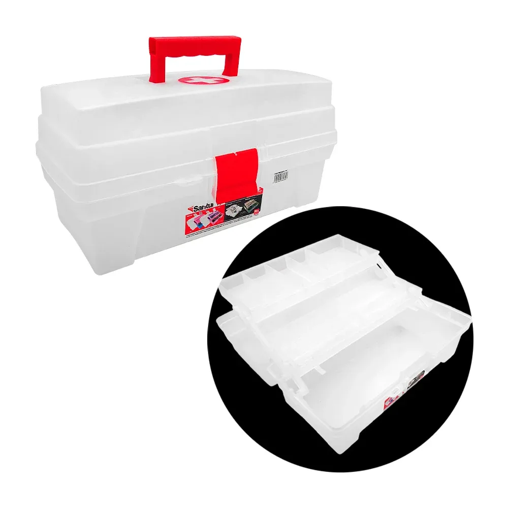 Caja botiquín santul grande translúcida, con dos niveles de almacenamiento, agarradera y estampado de cruz / 6475