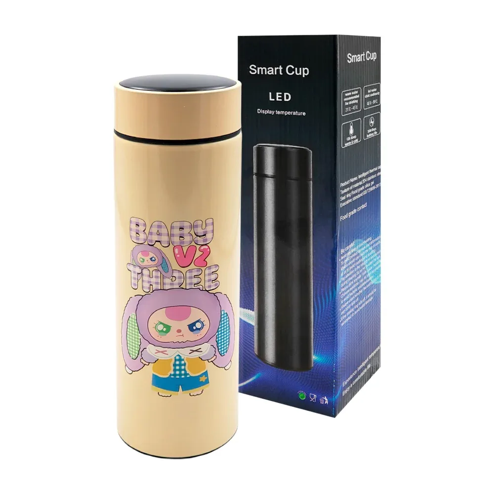 Termo de acero inoxidable con estampado kawaii  y medidor de temperatura, 500ml