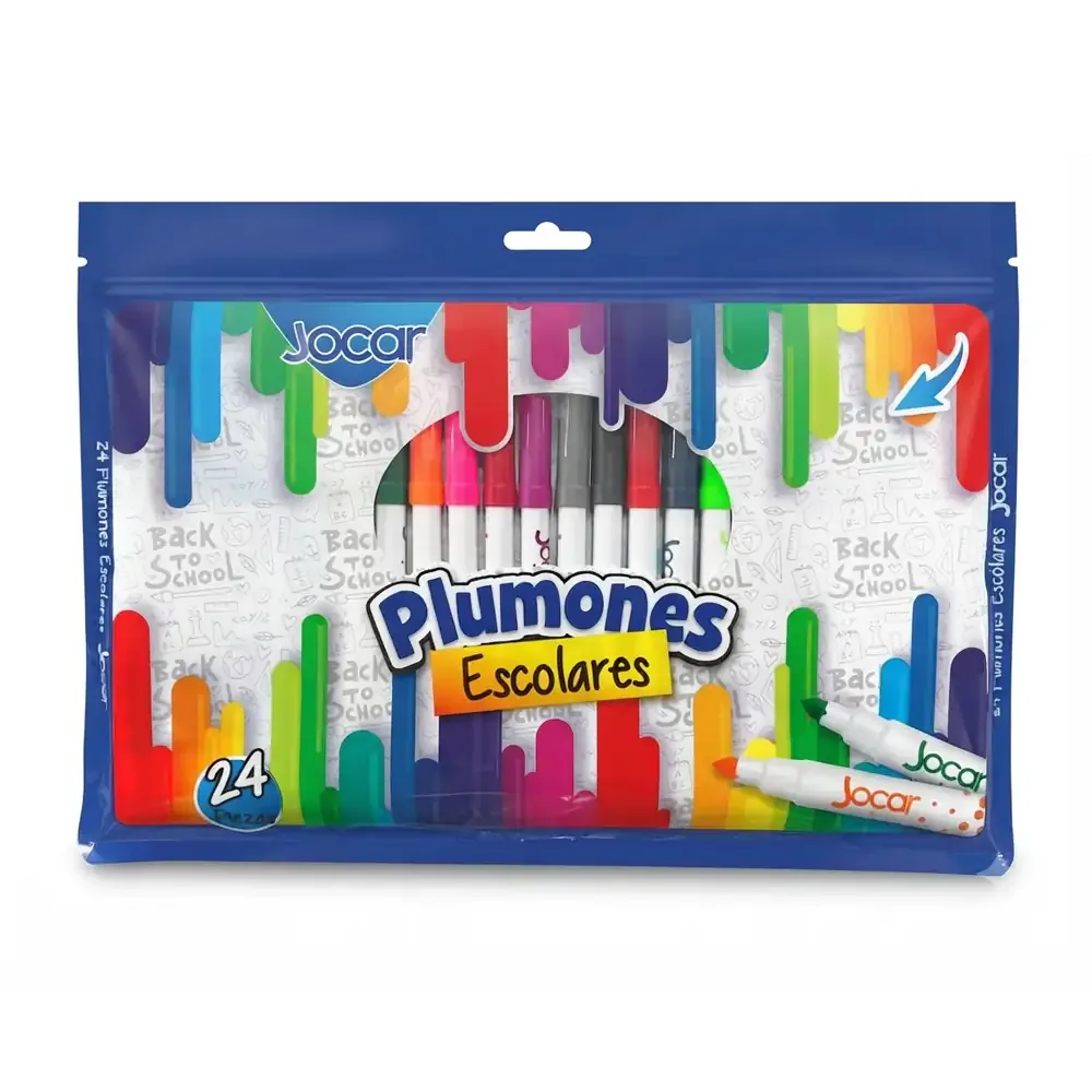 Paquete con 24 marcadores - plumones jocar escolares y lavables, variedad de colores