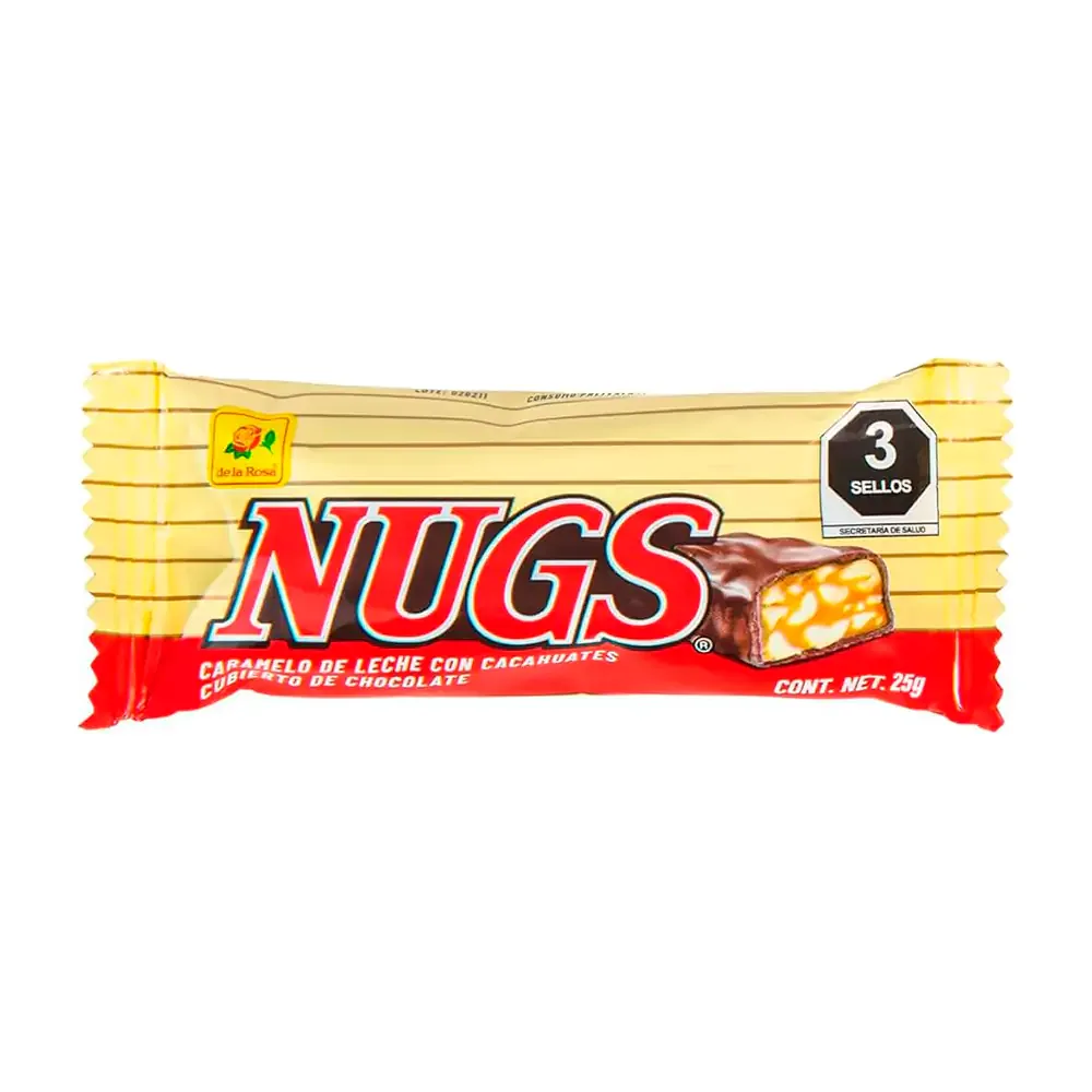 1pza Chocolate nugs de la rosa con relleno de caramelo y cacahuate, 25g