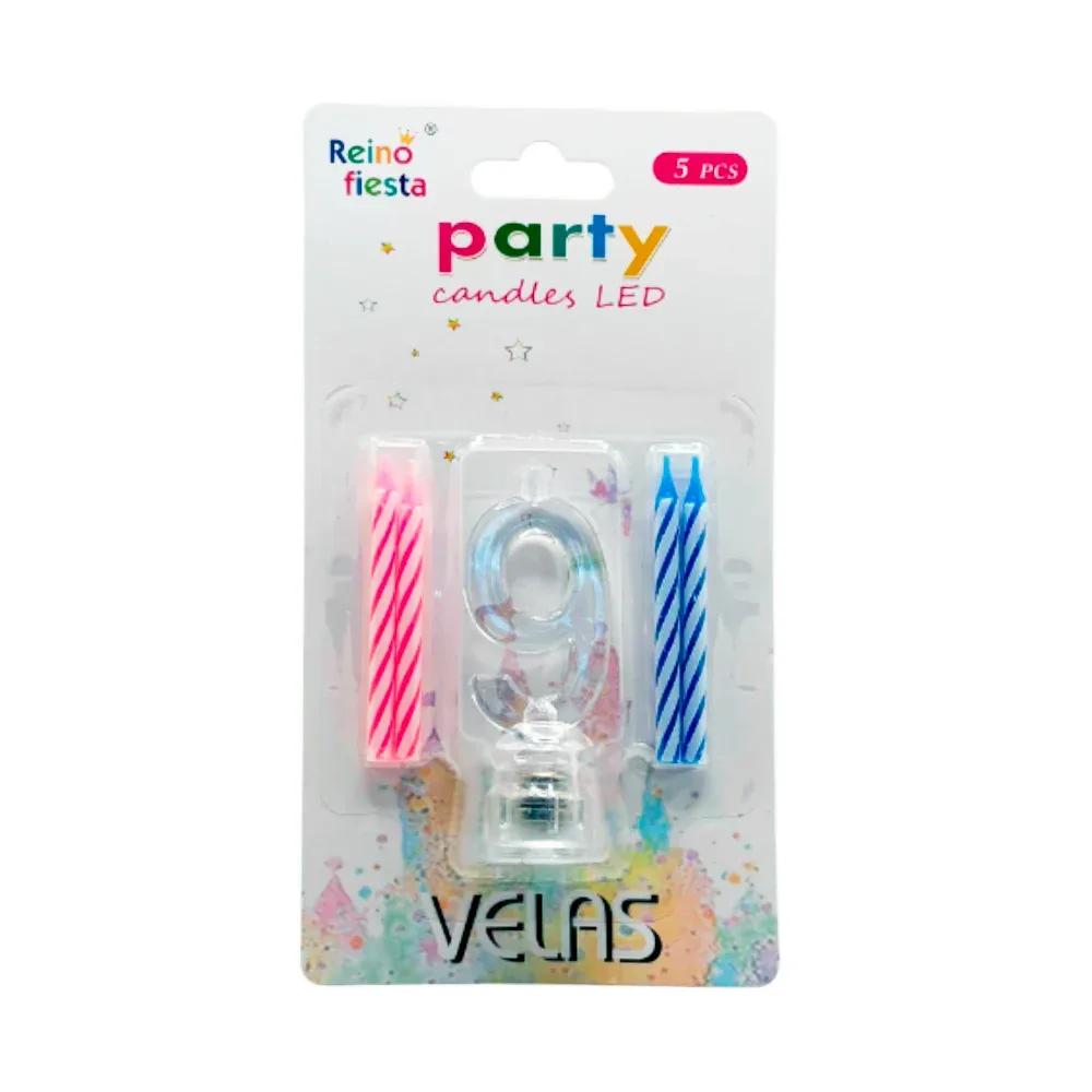 Portavelas número 9 transparente led + 4 mini velas / 50466