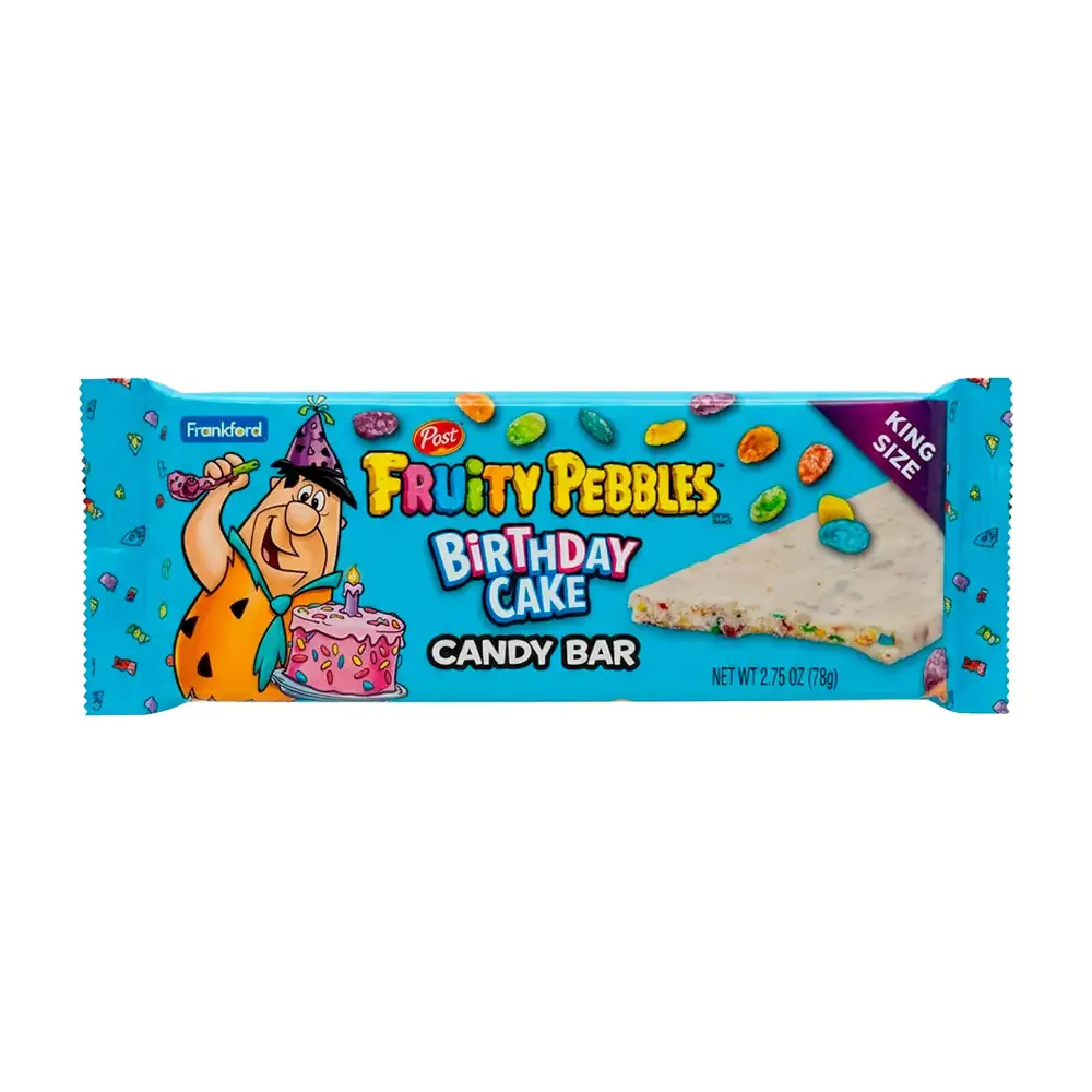 1pza barra de chocolate fruity pebbles rellena de arroz inflado sabor pastel de cumpleaños, 78g