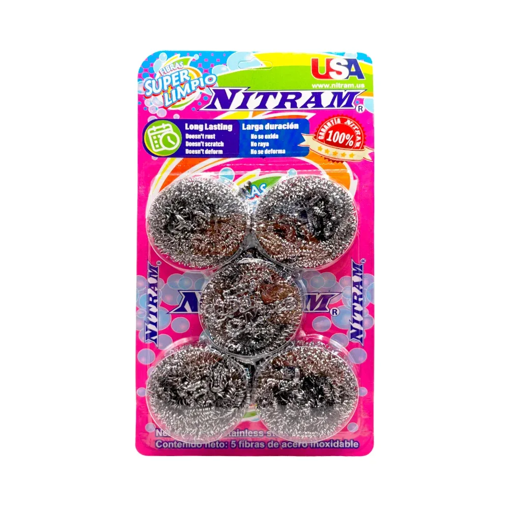 Blister con 5 mini estropajos redondos tipo fibra metalica de acero inoxidable para limpieza
