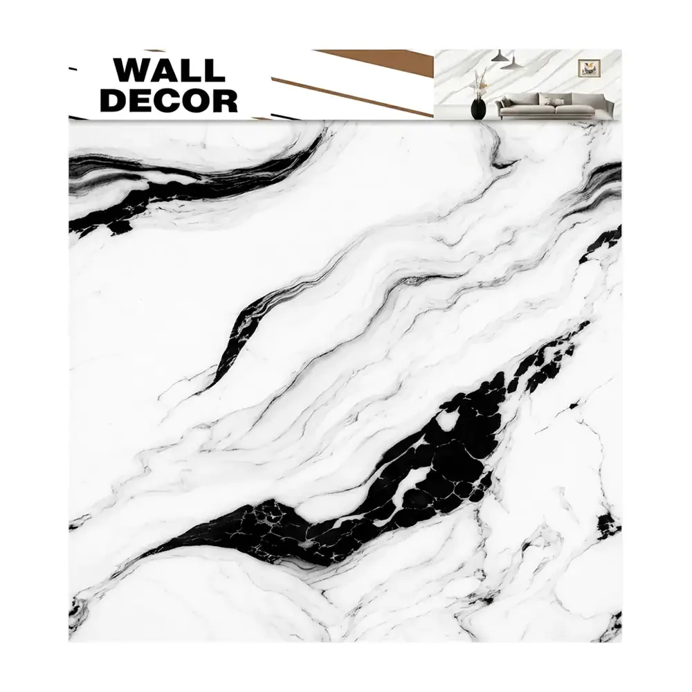 Paquete con 5 láminas de papel tapiz con diseño de mármol blanco-negro, 60x60cm