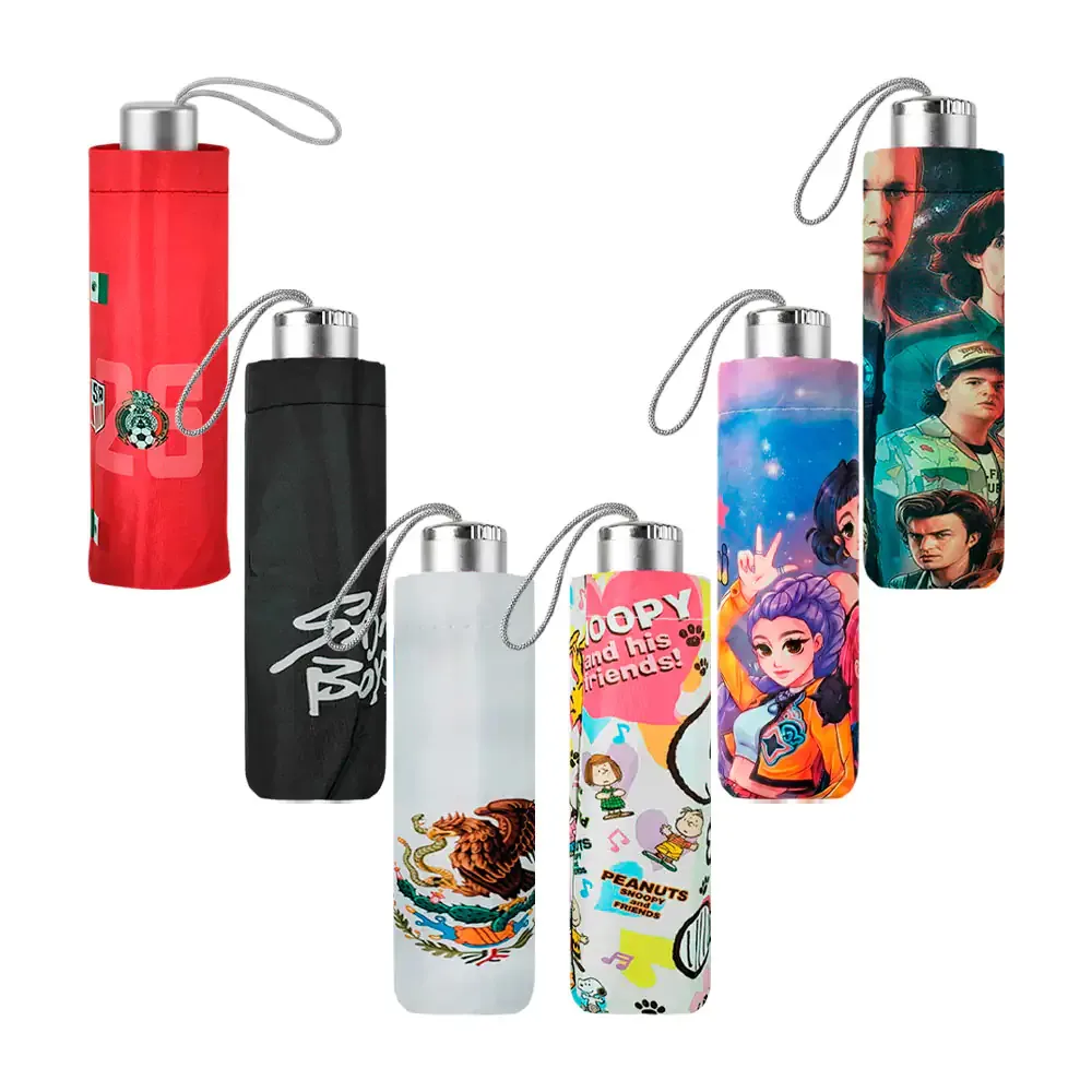 Paraguas de bolsillo con mango plateado + estampado y funda de personajes