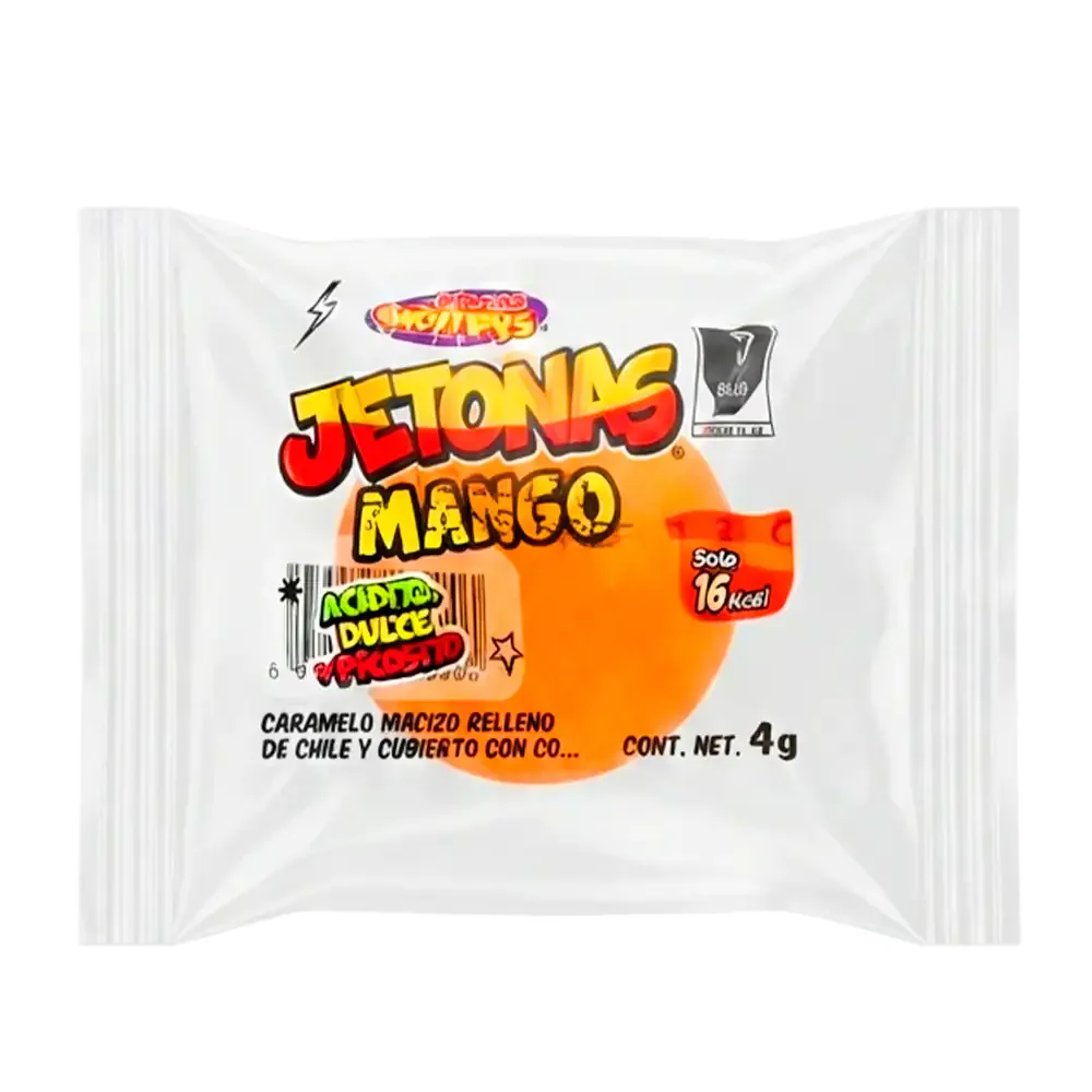 1pz caramelo macizo relleno de chile y cubierta acidita, jetonas de mango, 4g / 393510