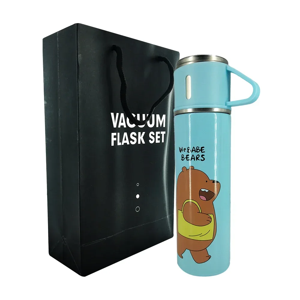 Termo de acero inoxidable con estampado de oso y juego de 3 tazas metálicas, variedad de diseños / vacuum flask set