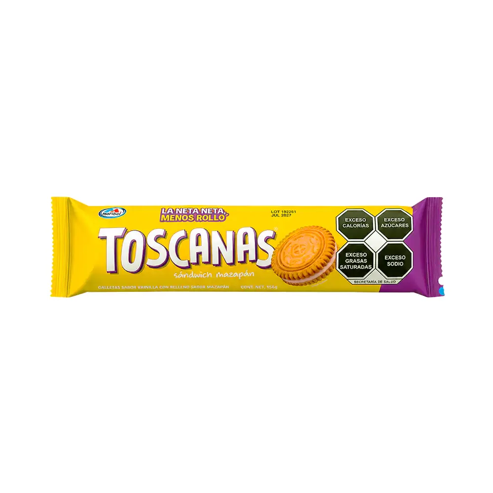 Paquete de galletas toscanas sándwich mazapán, galleta de vainilla relleno sabor mazapán, 156g