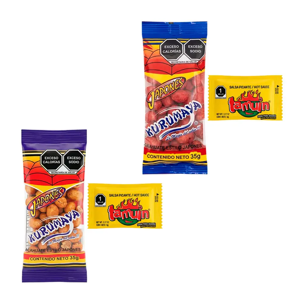 1pza mini bolsita con 35g de cacahuate kurumaya estilo japonés + bolsa de salsa picante, variedad
