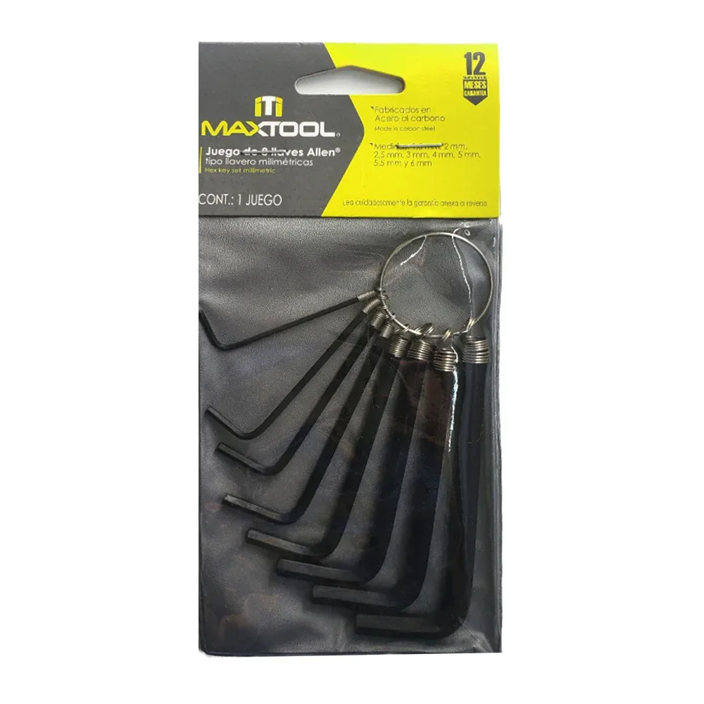 Juego de 8 llaves allen de acero de carbono maxtool con diversas medidas y en tipo llavero milimétricas / 308602