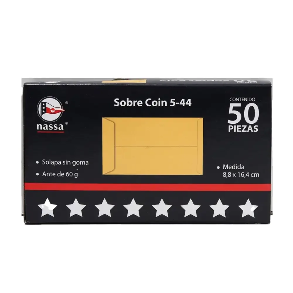 Caja con 50 sobres coin rectangulares de solapa engomada, 8.8x16.4cm / bc0731