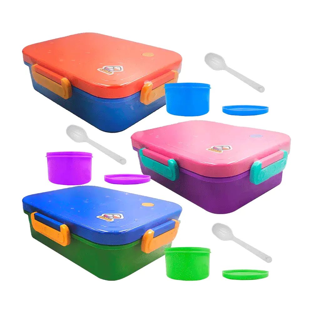 Tupper rectangular de 23x17cm con relieve didáctica + cubiertos, variedad