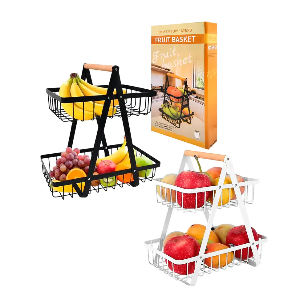 Organizador metálico de cocina para fruta de 2 niveles, agarradera de madera