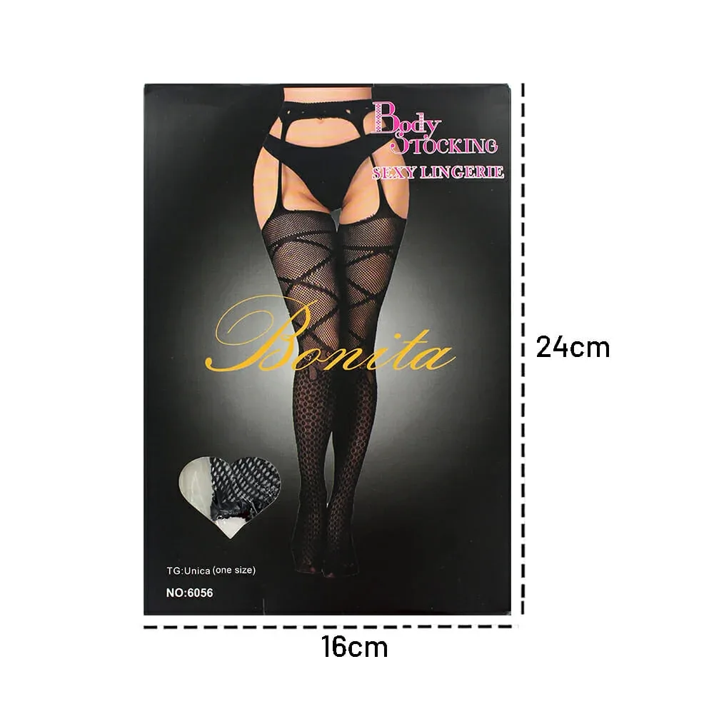 Lencería color negro para dama, malla pantimedia de red y liguero con diseño / bonita / 6056