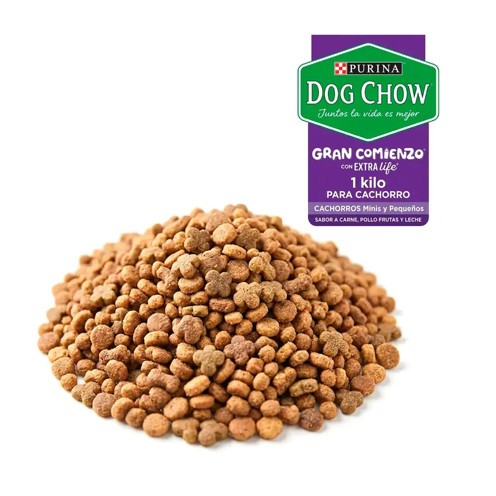 1 kilo de croquetas dog chow para cachorros minis y pequeños, sabor carne, pollo, frutas y leche