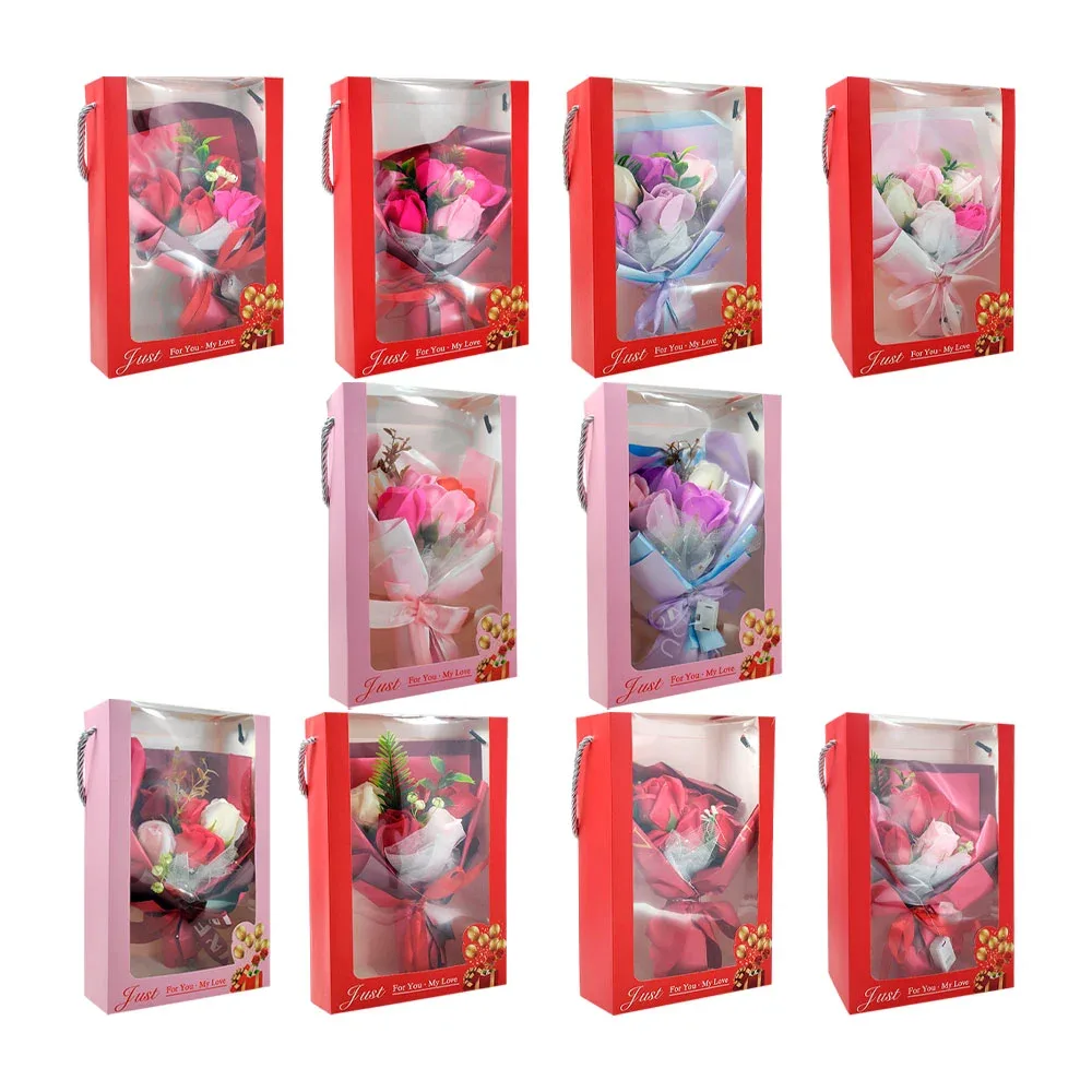 Caja con mini ramo de flores con 5 rosas y luz led, variedad de colores / ac-168