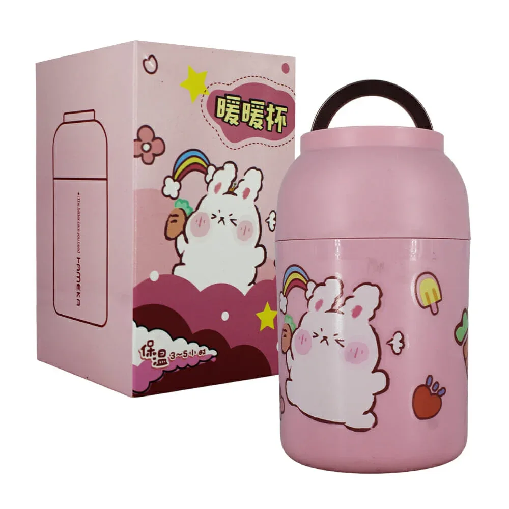 Tupper redondo hermético hameka con asa agarradera, cuchara para sopa y diseño kawaii de animales, variedad de colores / nice day!