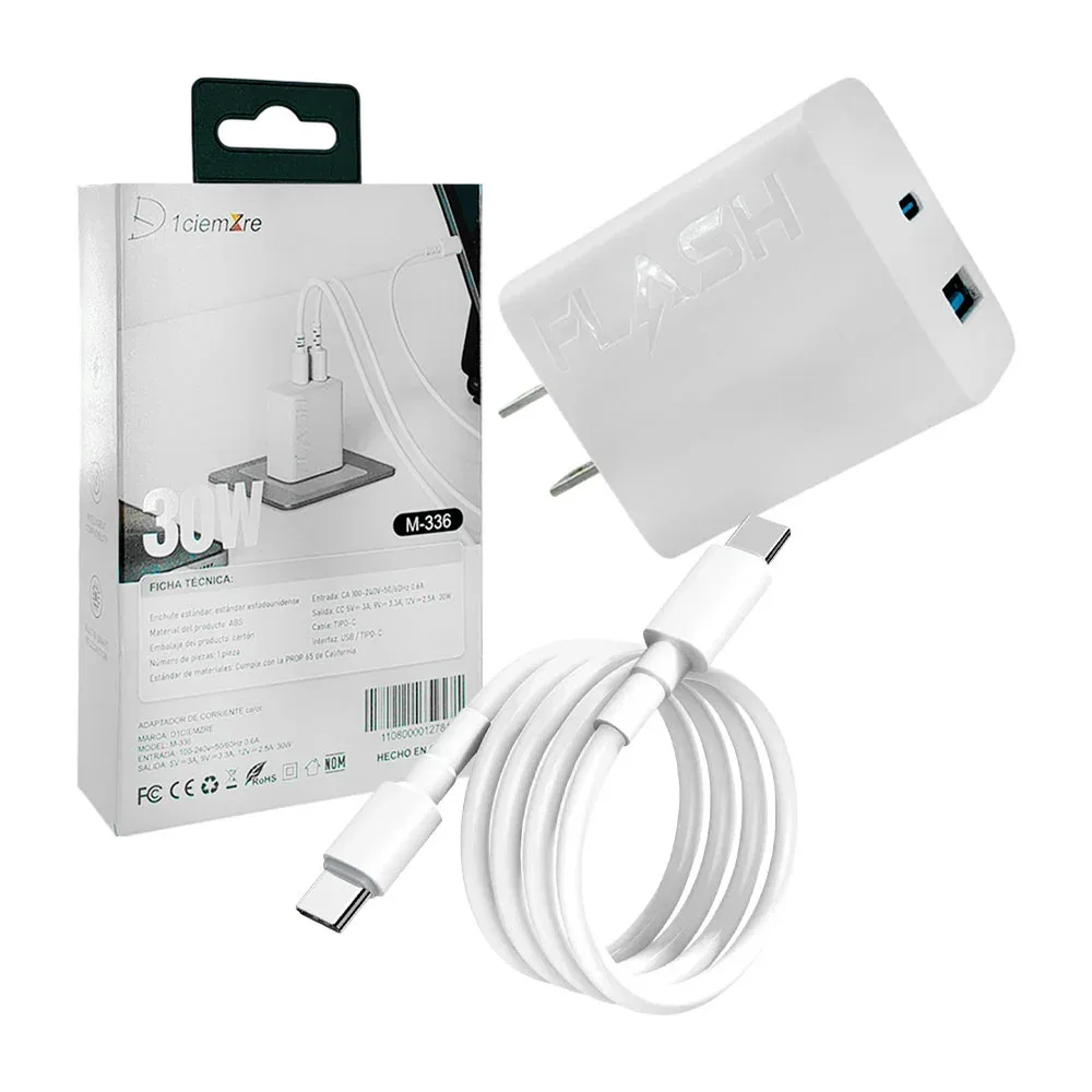 Combo cargador de 30w cubo con entrada usb a usb-c + cable de 1m tipo usb-c