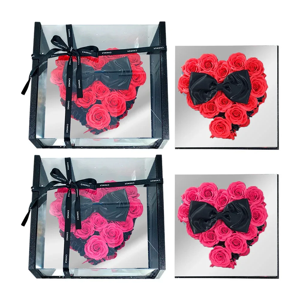 Caja con fondo de espejo y adorno de corazón con rosas y moño, variedad / change