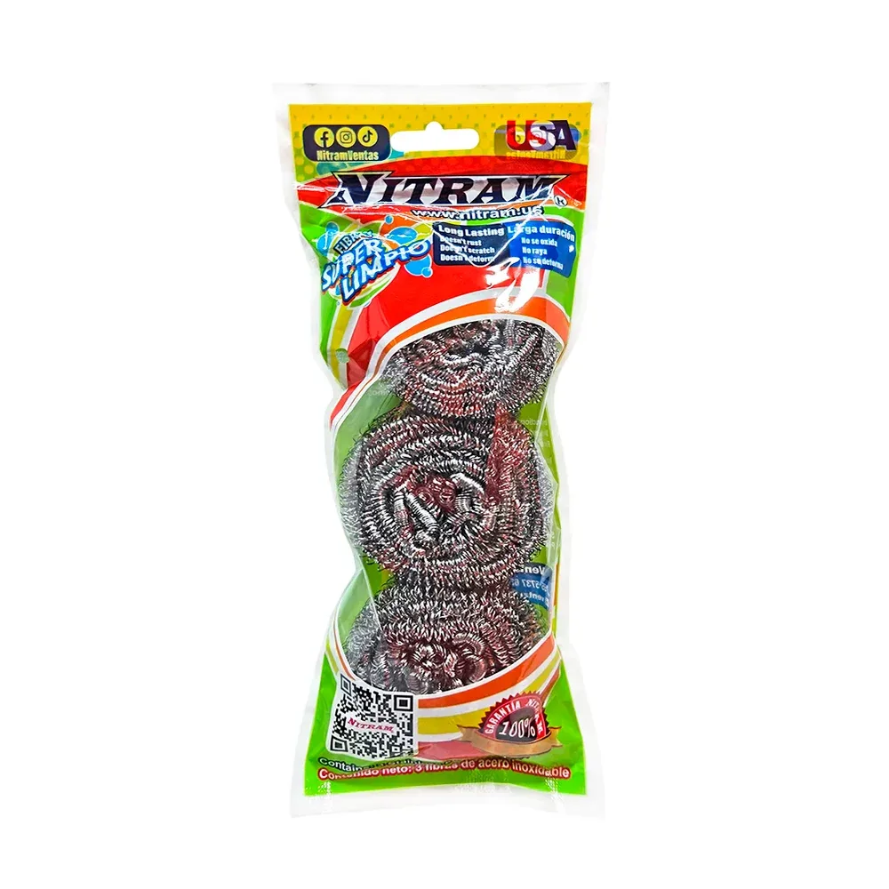 Blister con 3 estropajos tipo fibra metalica de acero inoxidable para limpieza