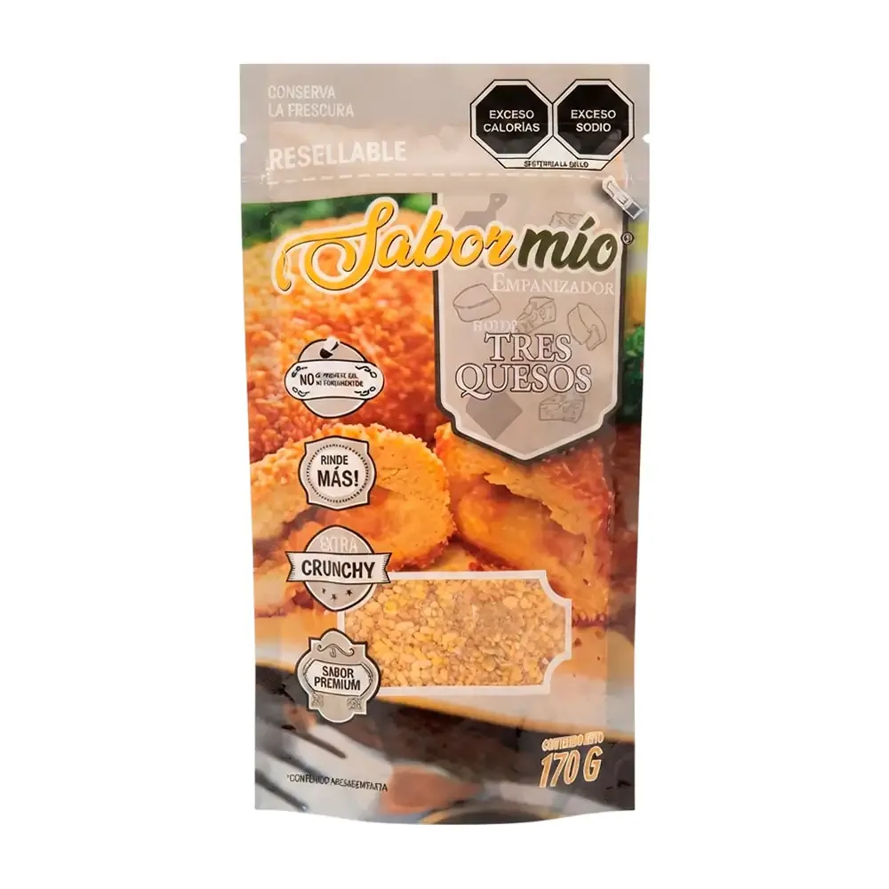 Empanizador sabor mio sabor tres quesos, pan y hojuelas de maíz granulado y condimentado, 170g