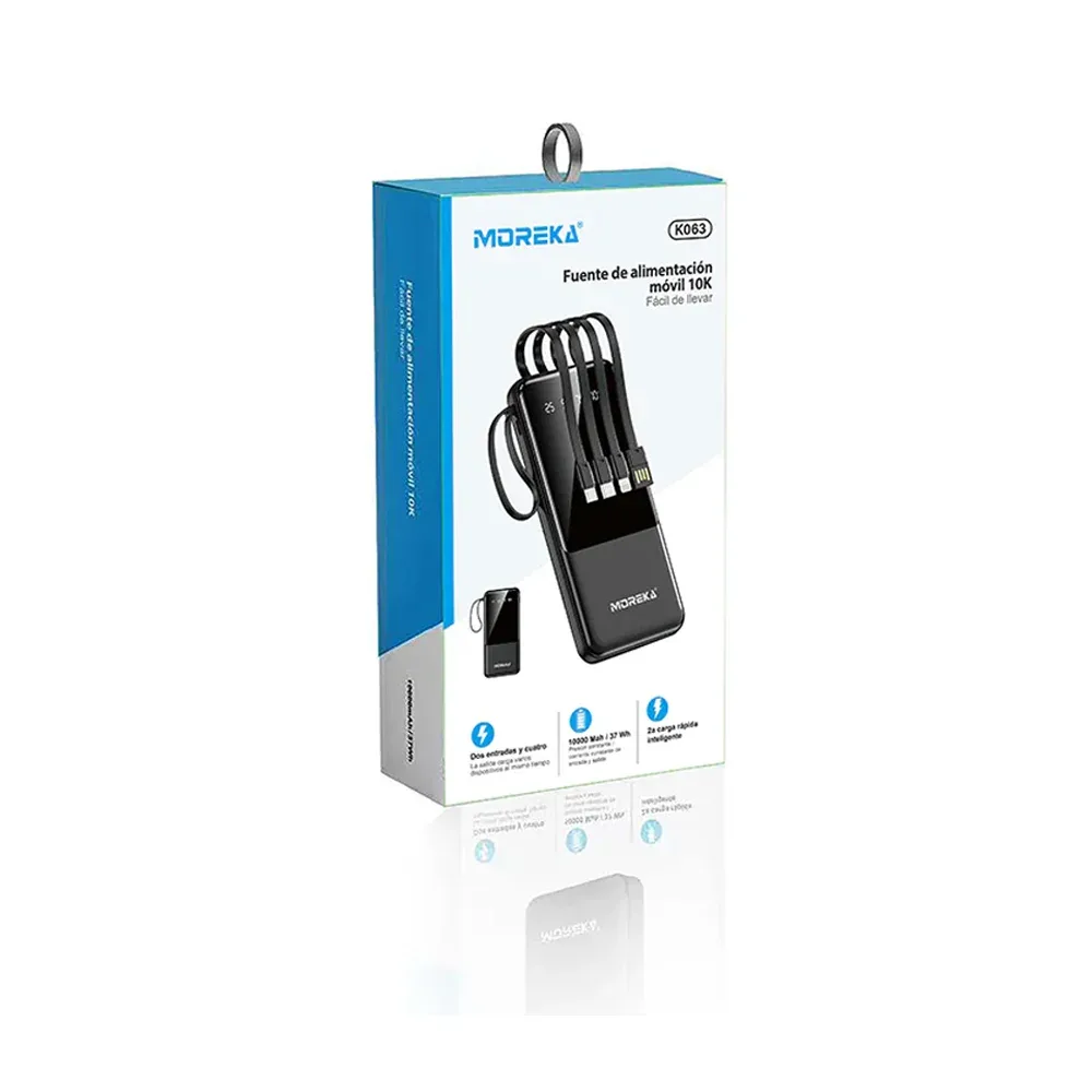 Power bank batería portátil de 10000mah con pantalla indicadora de batería, 2 puertos usb + 4 cables de entrada tipo c, v8, lightning y usb, variedad de colores / k063