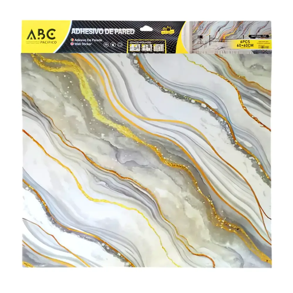 Paquete con 6 láminas de papel tapiz en diseño de mármol color gris - dorado para pared, 60x60cm