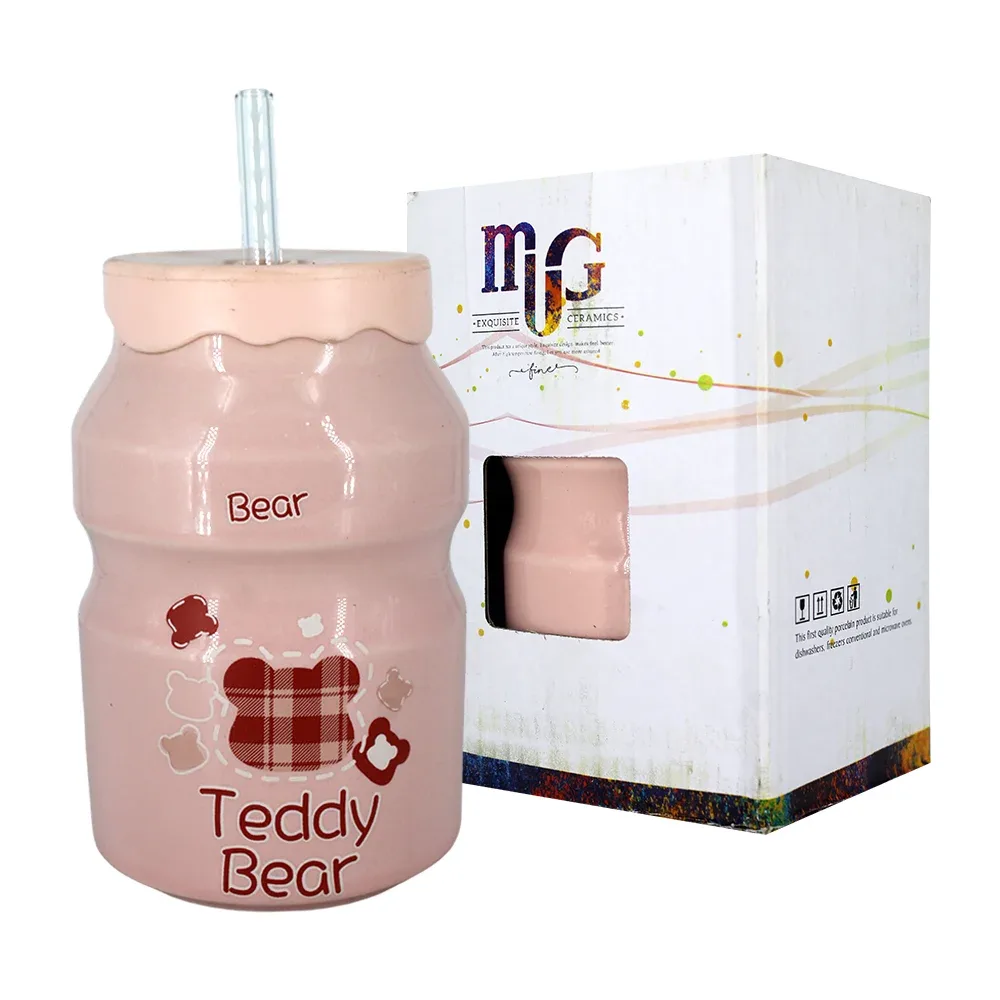 Vaso de ceramica con diseño de envase de yakult + popote, variedad de colores / teddy bear / 241054