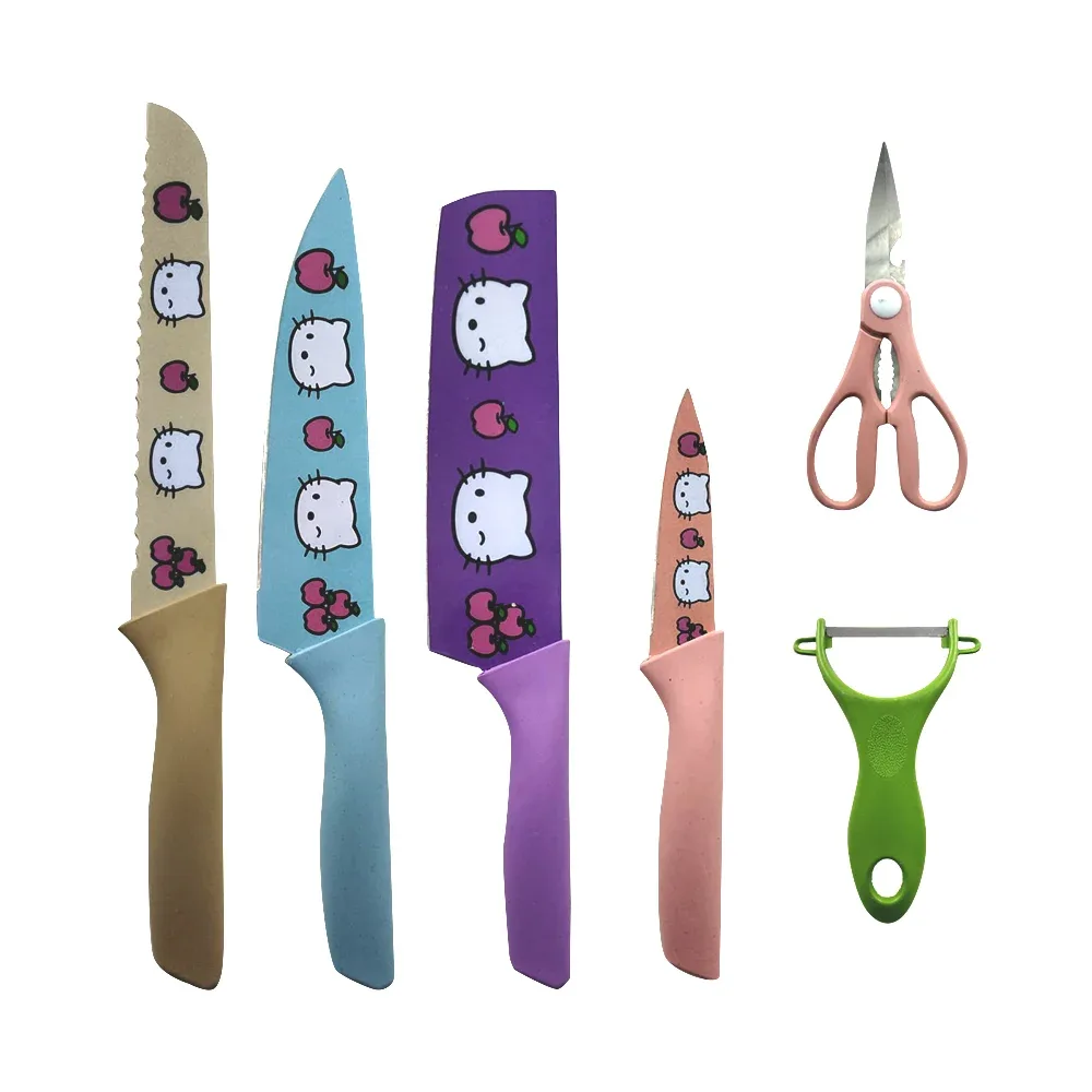 Set de 4 cuchillos, pelador y tijeras con estampado de hello kitty / 888881681712
