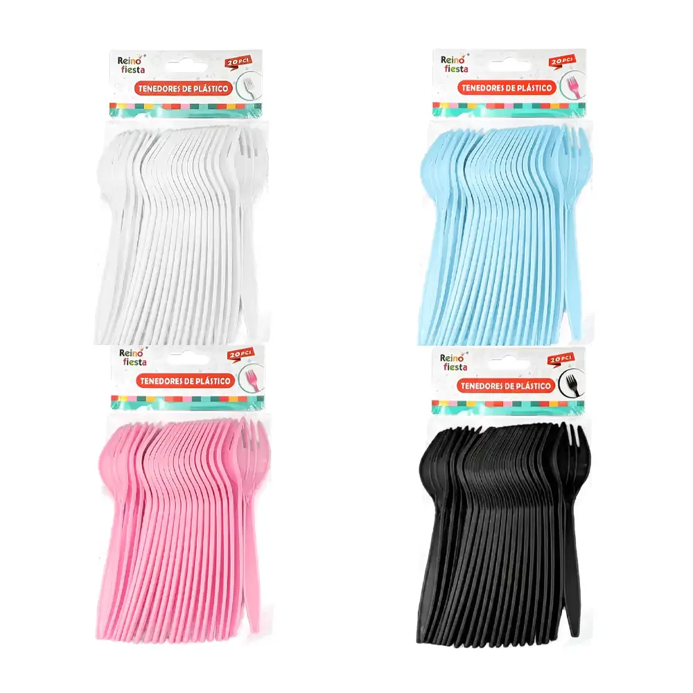 Paquete con 20 tenedores de plástico lisos medianos para fiesta, variedad de colores / reino fiesta /  52389