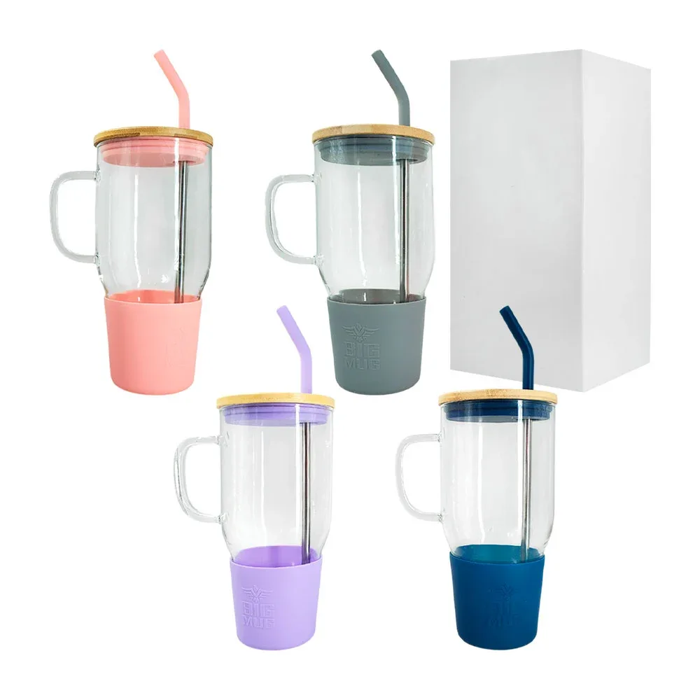 Termo de cristal con protector de calor + tapa de bambú, asa y popote de acero
