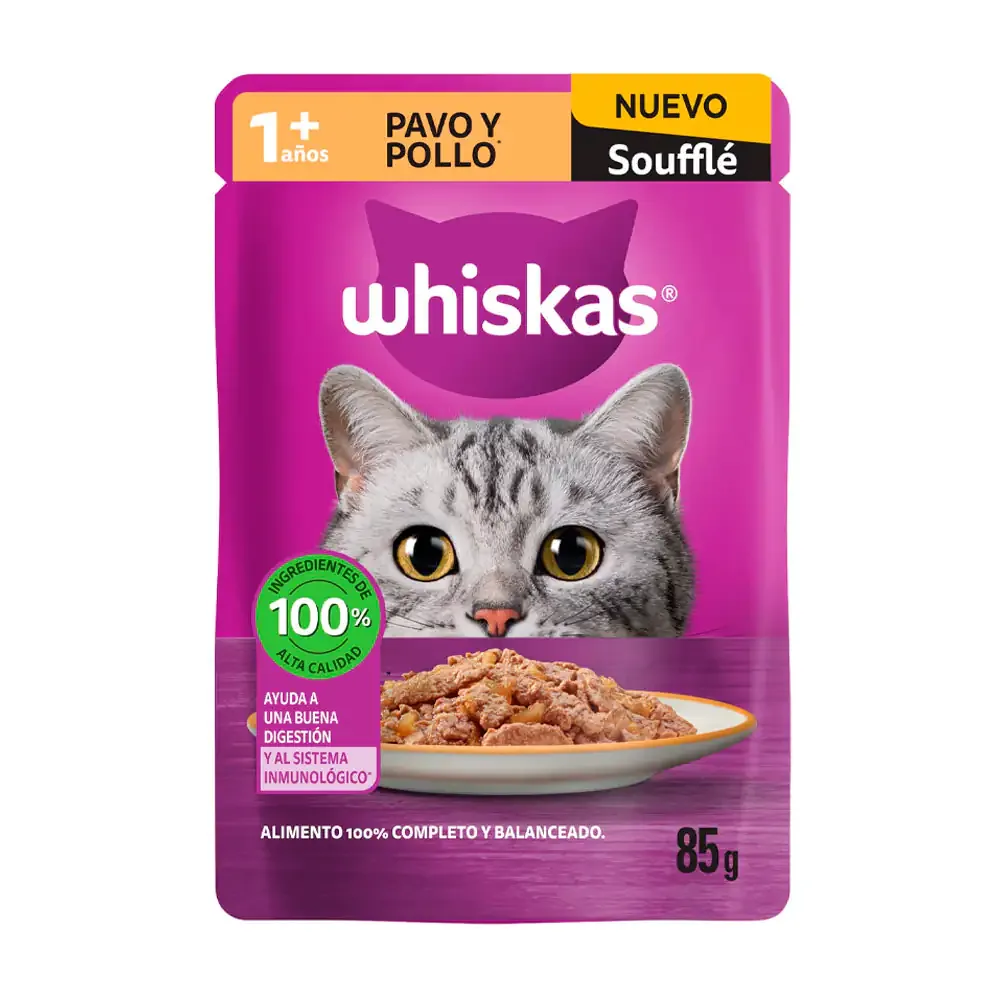 1pz alimento húmedo whiskas soufflé sabor pavo y pollo para gatos adultos, 85g / 5913
