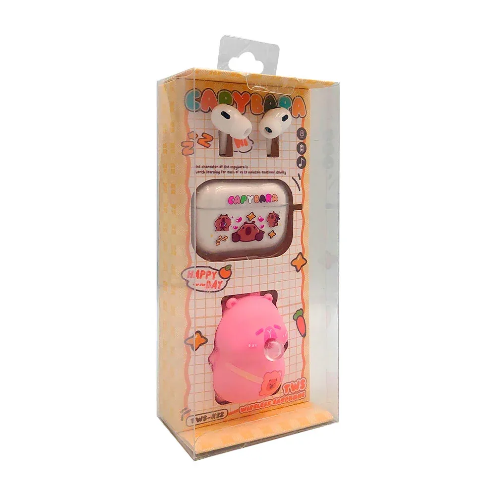Audifonos inalámbricos con estuche y funda + llavero de capibara con chicle