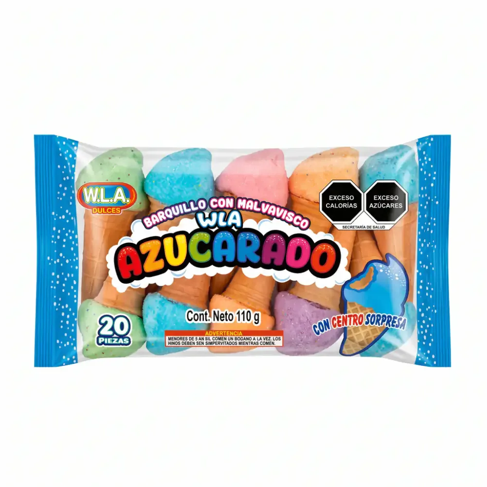 Bolsa con 20pzas de barquillo con malvavisco azucarada relleno de jalea, 110g, variedad de sabores