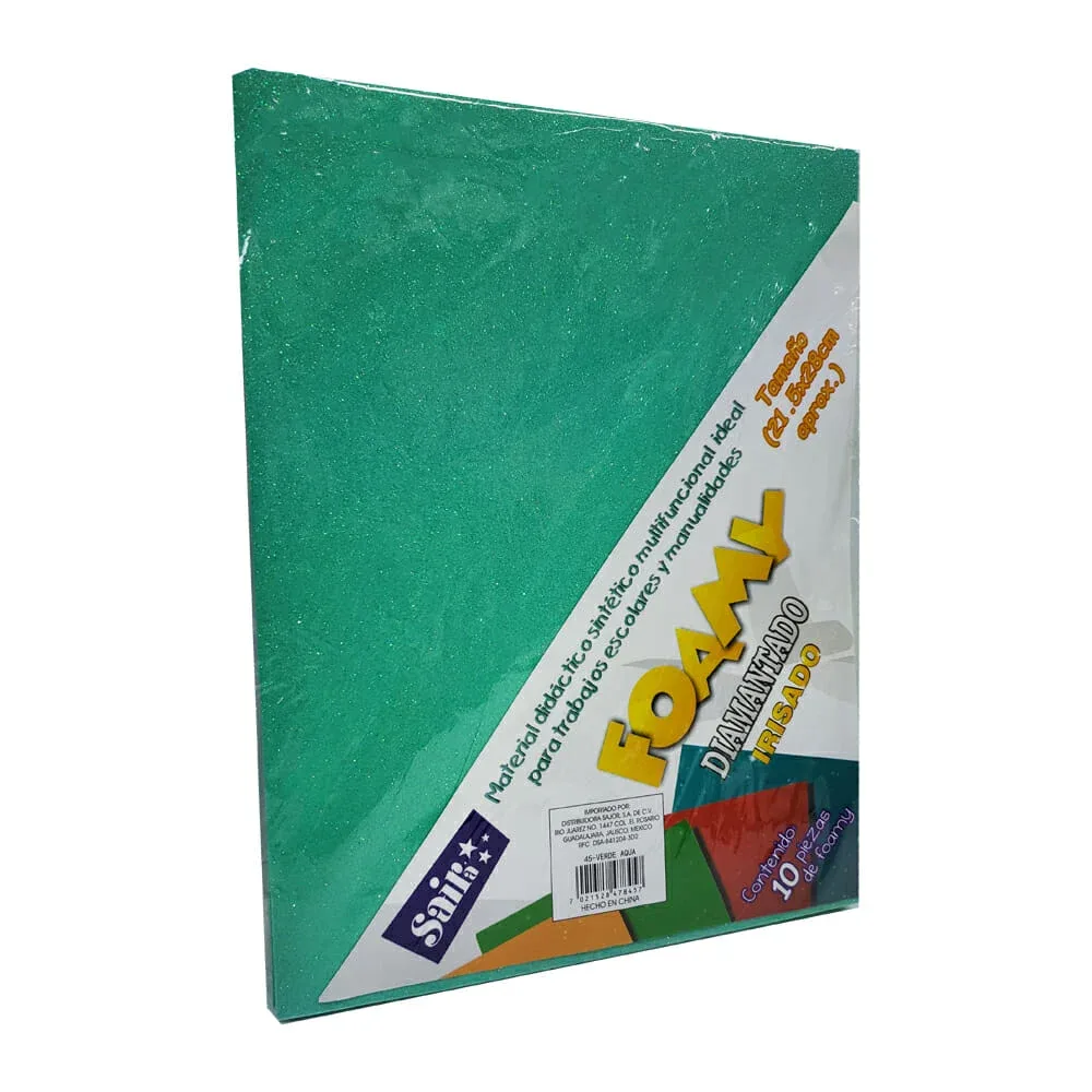 Paquete 10 pzas de foamy diamantado irisado tamaño carta en color verde aqua, 21.5x28cm / 78457