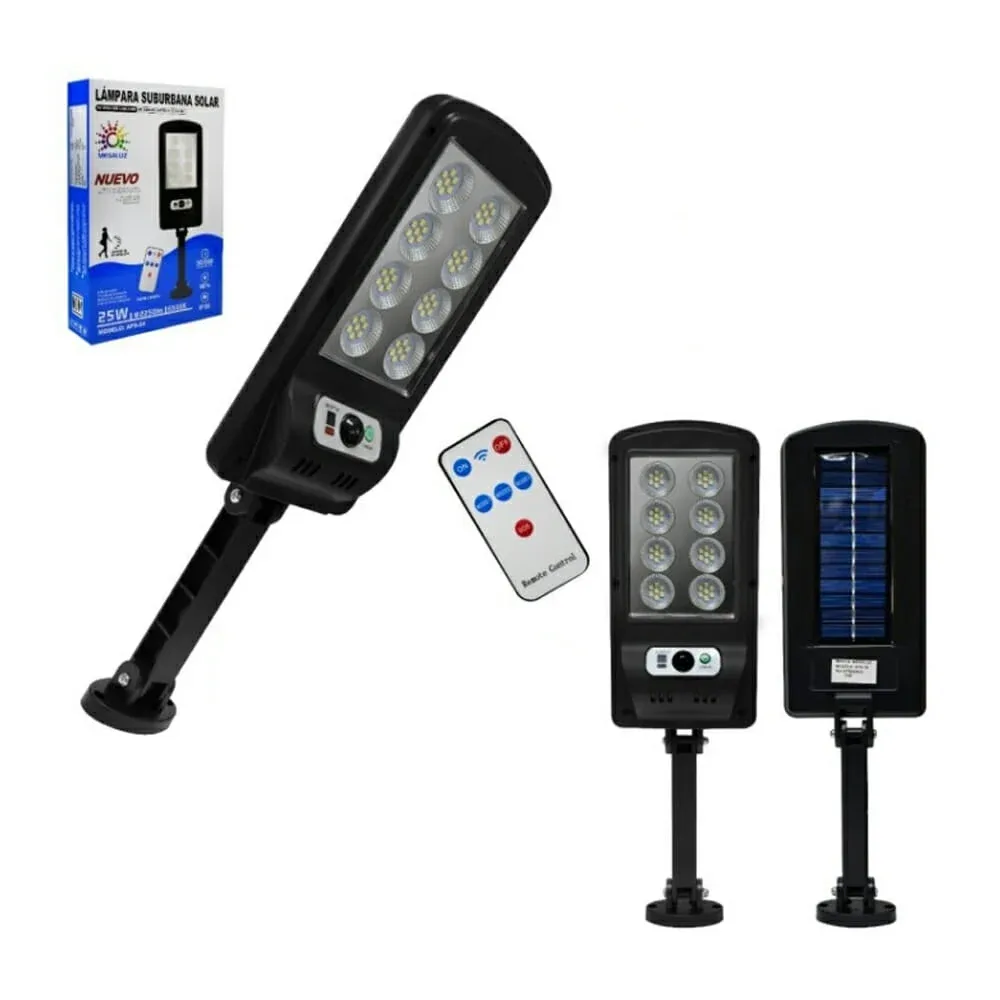 Lámpara solar mega luz con 8 leds de luz fría, protección ip65, control remoto y consumo de 25 watts / aps12w25