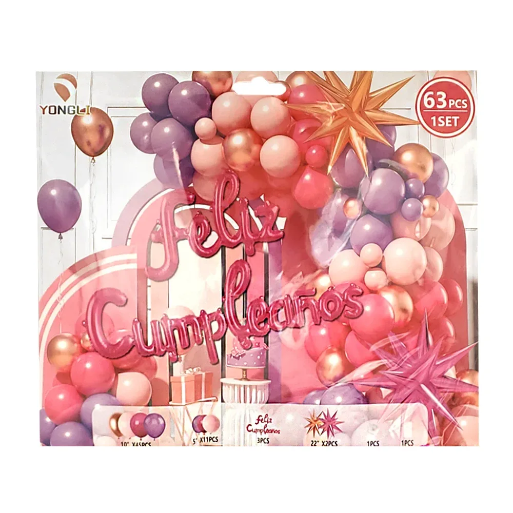 Kit decorativo de 63 pz, feliz cumpleaños en tonos rosas, morados y dorados