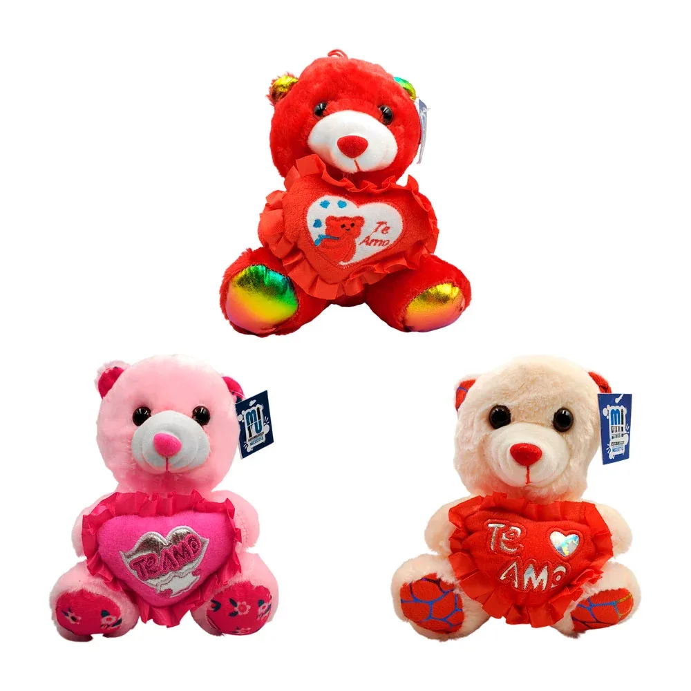 Oso de peluche pequeño, 20cm con corazón, holanes y frase bordada, variedad