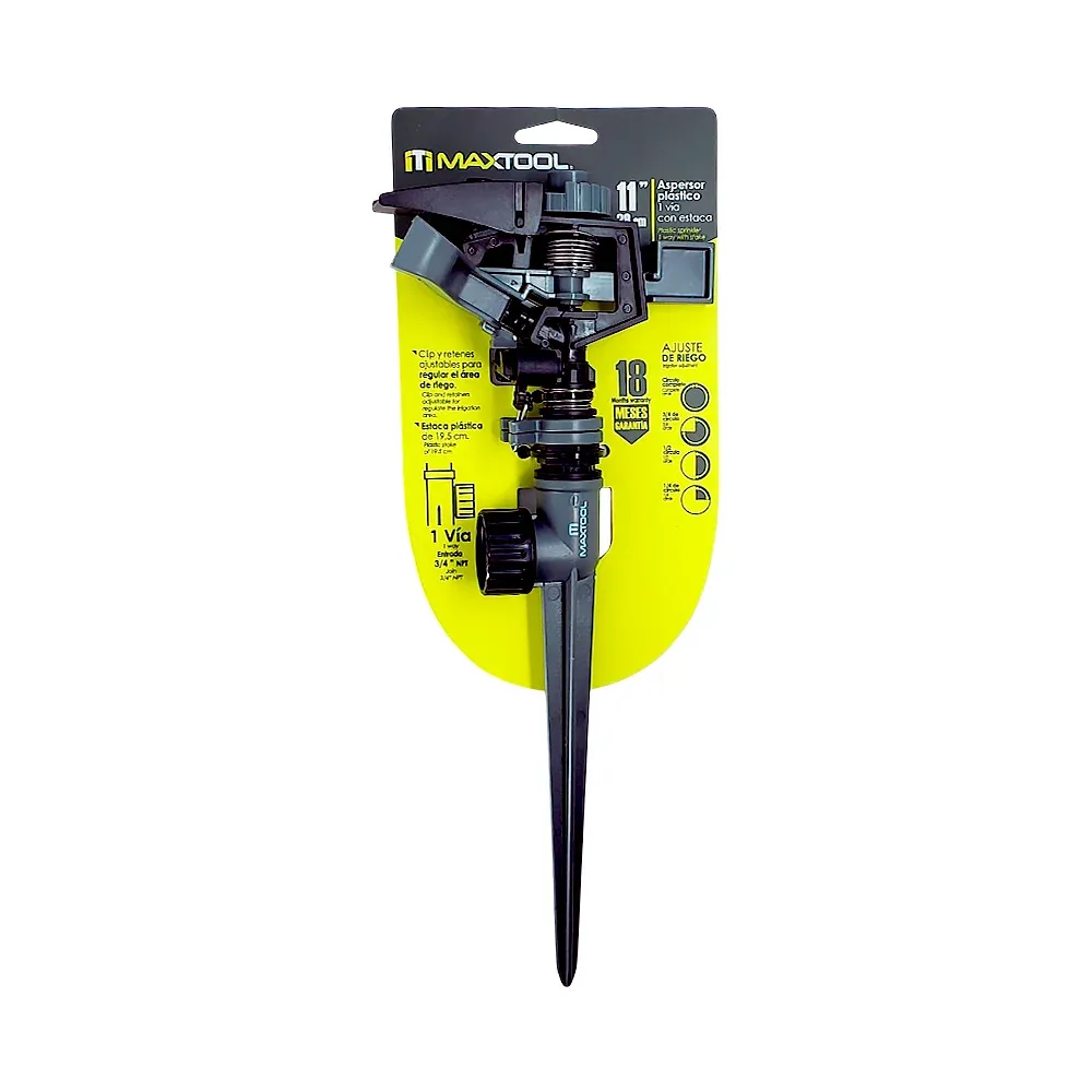 Aspersor de plástico de 28cm con 1 vía, estaca, clip y retenes ajustables para regular el área de riego / maxtool / 300501