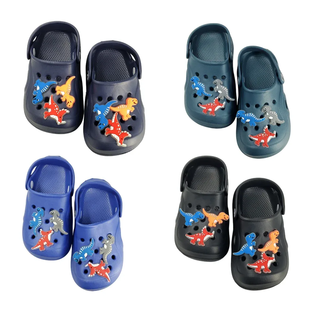 Par de sandalias infantiles tipo crocs con 3 figuras de dinosaurio, variedad