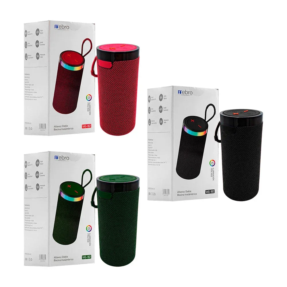 Bocina nebro cilíndrica, doble altavoz con sonido envolvente + luz rgb / wg-182