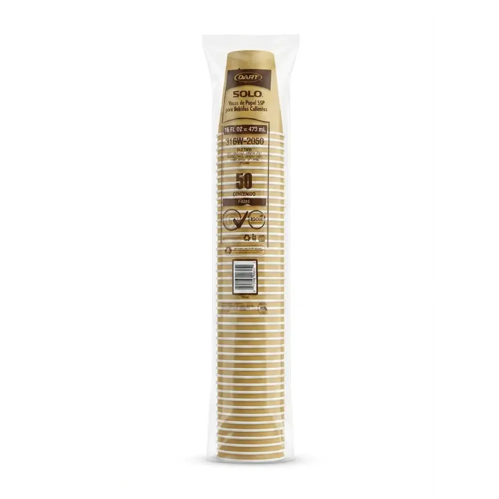 Paquete dart con 50pz, vaso de papel para bebidas calientes, 16oz - 473ml / 316w-2050 / 007251