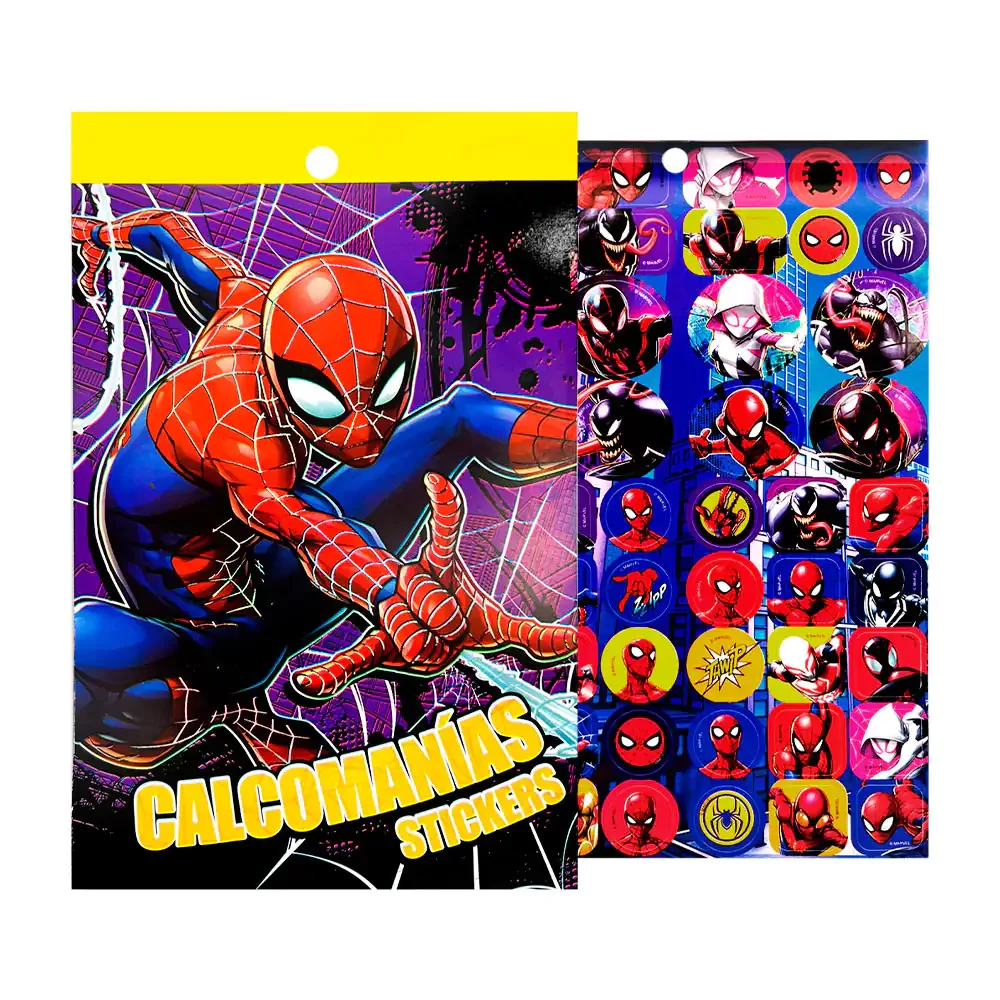 Libreta con detalles tornasol, stickers escolares con estampado de spider man. variedad